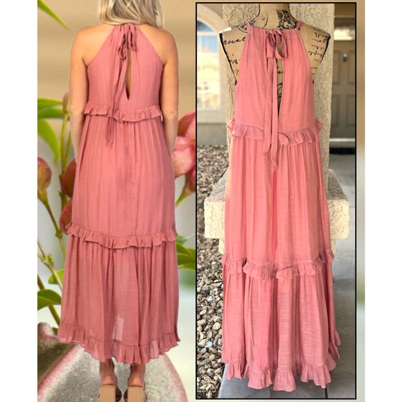 PinkBlush Mauve Halter Neck Ruffle Trim Maternity Maxi Dress Size: S - Picture 5 of 7